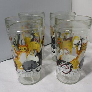 Set of 4 Anchor Hocking Cats on a Fence Playful Kittens Glass Drinking Cups